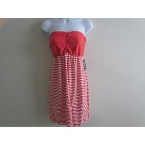 NWT Express Strapless Dress Medium Coral Striped Ruched Summer Sun Dress